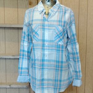 SO Perfect Shirt Womens Light Blue White Plaid Cotton Button-Down Casual Pockets